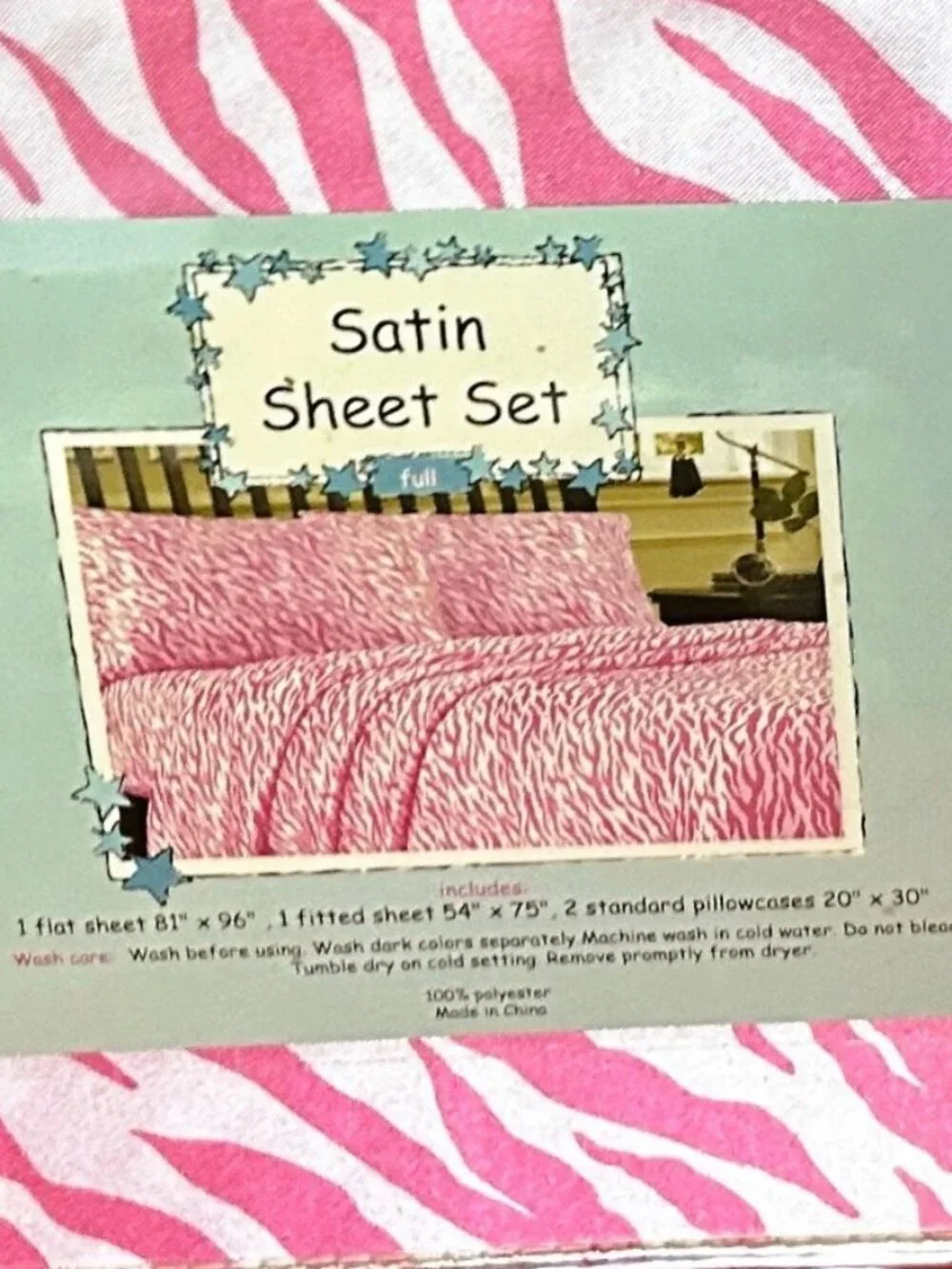 New~Satin~FULL size~Pink ZEBRA animal prints~4 Piece bed Sheet Set